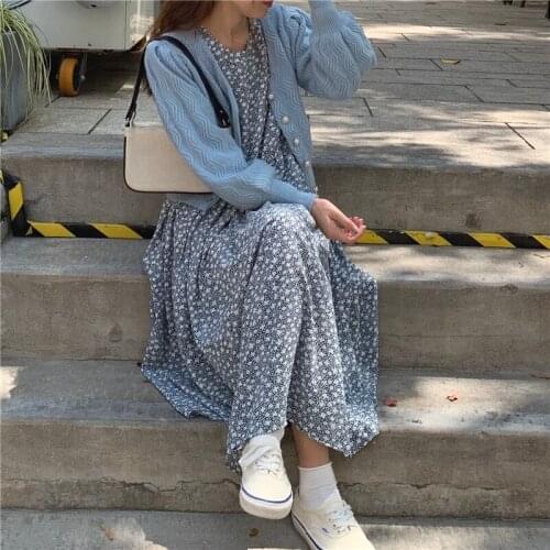 2021 New Women Spring Summer Dresses Fashionable Elegant High Waist Vintage Korean Style Floral Oversize Lady Long Dress