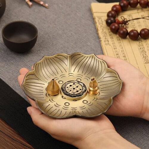 Sanskrit Incense Stick Burner Alloy Buddhist Tribute Meditation Lotus Engraving Sandalwood Tray Mandala Smoke Supply Furnace