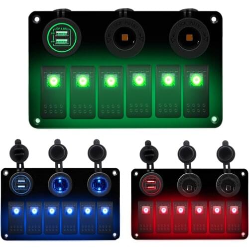 6 Gang Switch Panel ON-OFF Rocker Toggle with 4.8A Dual USB Charger and Power Socket for Car Boat Marine 12V IP67 Waterproof