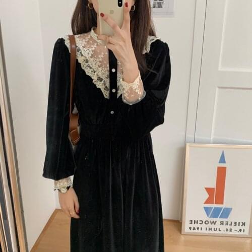 Alien Kitty French New Retro Elegant Women Dresses Chic Lace Velvet Patchwork Sweet Long Sleeve Autumn Ankle-Length Vestidos