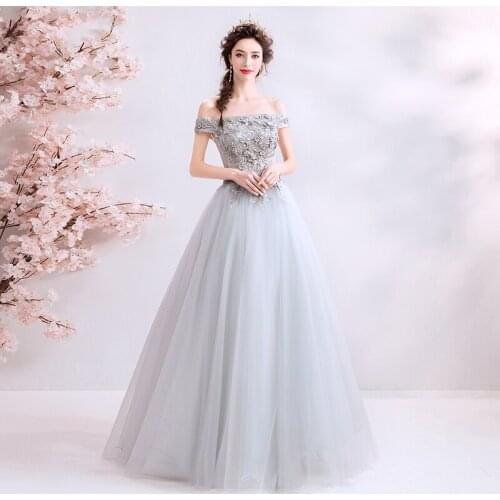 Elegant Illusion Prom Dresses Off The Shoulder Smoke Gray Tulle 3D Appliques Vestidos De Formal Special Occasion Party Dresses