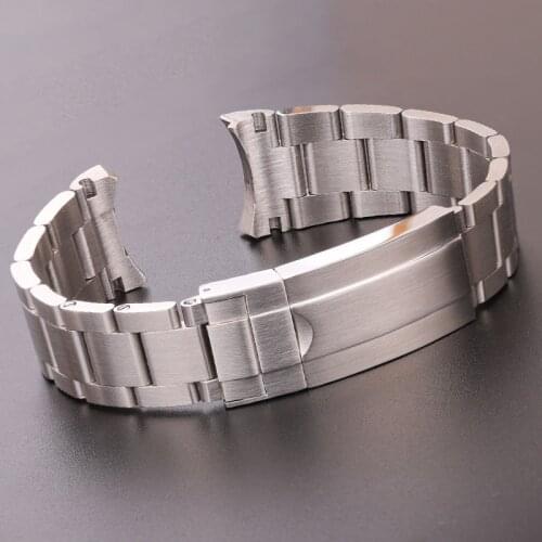 20mm 316L Stainless Steel Watchbands Bracelet Silver Brushed Metal Curved End Replacement Link Deployment Clasp Watch Strap
