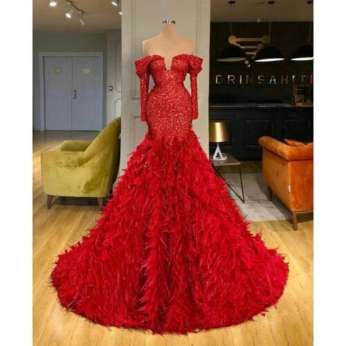 Luxury Red Evening Dresses Off The Shoulder Sequined Lace Long Sleeve Mermaid Prom Dress Feather Real Image Custom Made Robes De