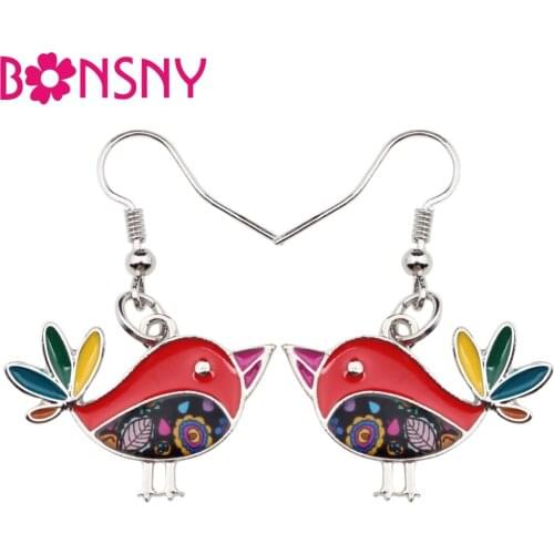 Bonsny Fashion Big Long Enamel Alloy Cute Happy Bird Dangle Drop Earrings 2018 News Fashion Ladies Jewelry For Girls Women