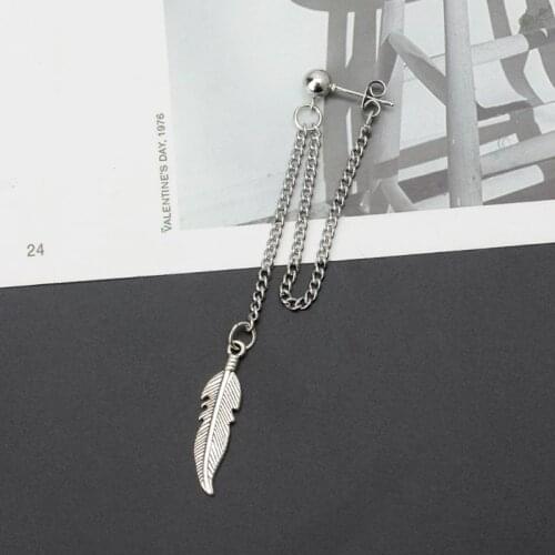 Titanium Steel Korean Bangtang Boys Cross Leaf Pendant Double Chain Earring L5YB