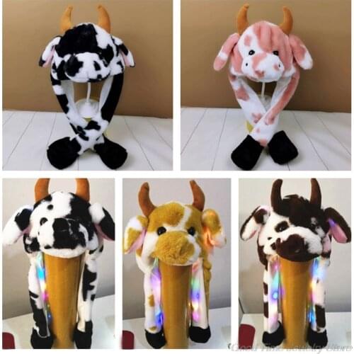 LED Light Up Plush Animal Hat with Moving Jumping Ears Multicolor Cartoon Milk Cow Earflap Cap Stuffed Toys Photo Props M19 21