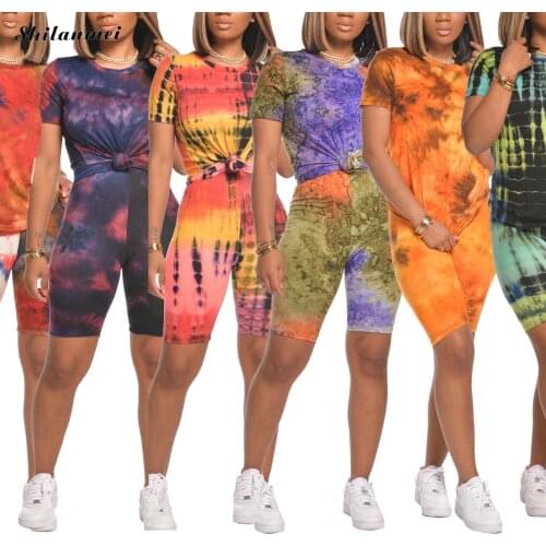 Tie Dye Print Plus Size Two Piece Set Casual Tracksuit For Women Outfits Matching Set Short Sleeve Top And Biker Shorts Suit 3XL