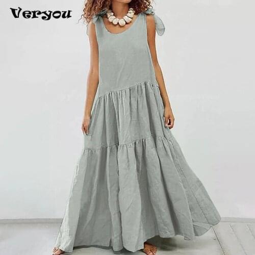 Elegant Long Dress Women Summer Sleeveless O Neck Casual Solid Camisole Beach Dresses For Women Plus Size Dress Bohemian Dress