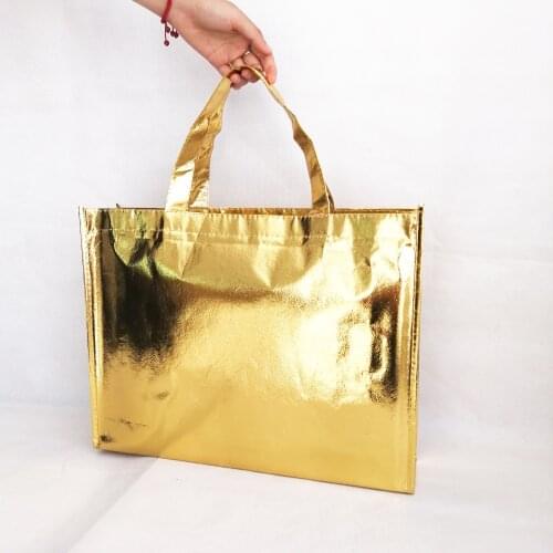 Shining Wrapping Gift Bags Handled Metallic Gold PP Non Woven Fabric Tote Bag Clothes Shoes Wigs Boutique Favors Festival Event