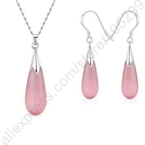 Wedding Party Solid Real 925 Sterling Silver Water Drop CatS Eye Stone CZ Necklace Pendant Earrings Jewelry Sets Women