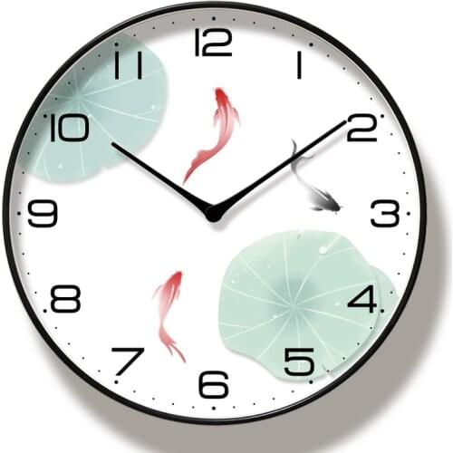 New 12 Inch Chinese Style Golden Fish Silent Clock Wall Clock Modern Design Living Room Clock Retro Wall Charts