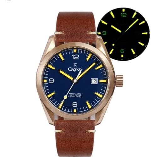 CRONOS Bronze Mens Mechnical Watches 10ATM CuSn8 Automatic PT5000 SW200 Sapphire Crystal Leather Rubber Straps