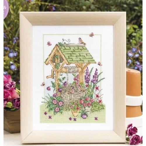 Flowers and birds at the edge of a well cross stitch kit DMC brand thread animal dog count canvas fabric embroidery handmade nee