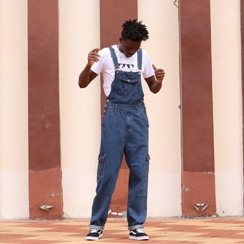 Hot 2020 Mens Denim Bibs Multi Pocket Denim Bib Mens Loose Large Size Straight Overalls High Waist Overalls Size 48 50