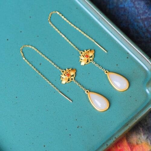Natural Hetian Jade Water Drop Hanging Earrings Inlaid S925 Sterling Silver South Red Embellished Earrings Ancient Craft Fairy