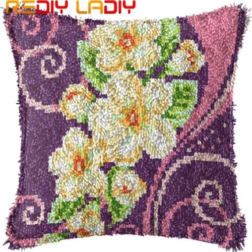Latch Hook Cushion Bouquet of Orchid Pillow Case Pre-Printed Canvas Acrylic Yarn Latched Pillow Crochet Cushion Cover Crafts