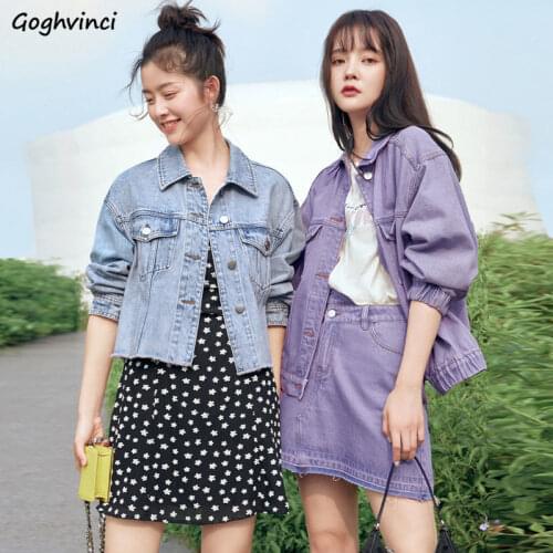 Women Basic Jackets Elastic Hem Solid Retro Denim Harajuku Designer Slim Outwear Soft Full Sleeve Button Females Fashion Student