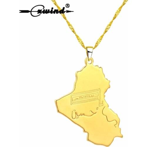 Cxwind Fashion Republic Of Iraq Map Flag Pendant Necklace for Women/Men Gold Color Jewelry Maps Shape Necklaces