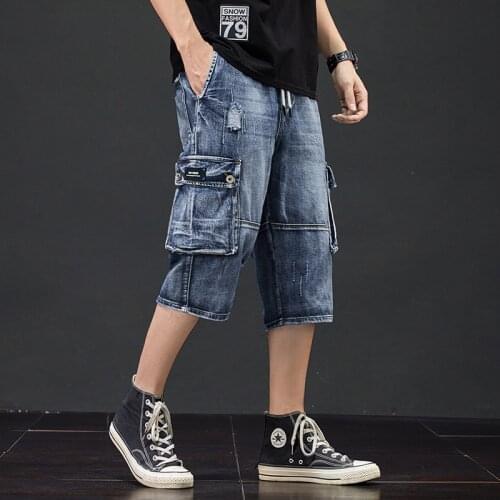 Shorts Jeans 3/4 Men Hole Side Pockets Breeches Jean Destroyed Calf Pants Summer Destressed Trouser Male Style Cargo Jeans