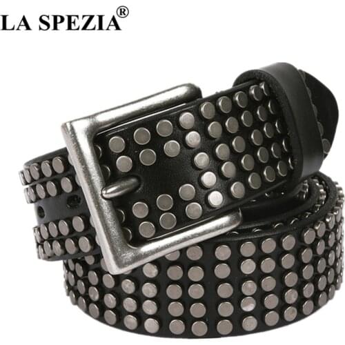 LA SPEZIA Rock Leather Belts Men Women Punk Rivet Genuine Cowskin Leather Buckle Black Cofee White Steampunk Accessories