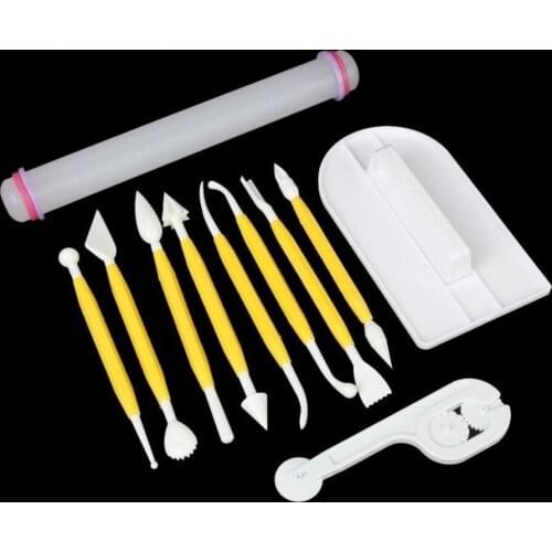 14pcs/set Sugarcraft Icing Cake Smoother Fondant Cutter Embosser Rolling Pin Modeling Tool Kit Set