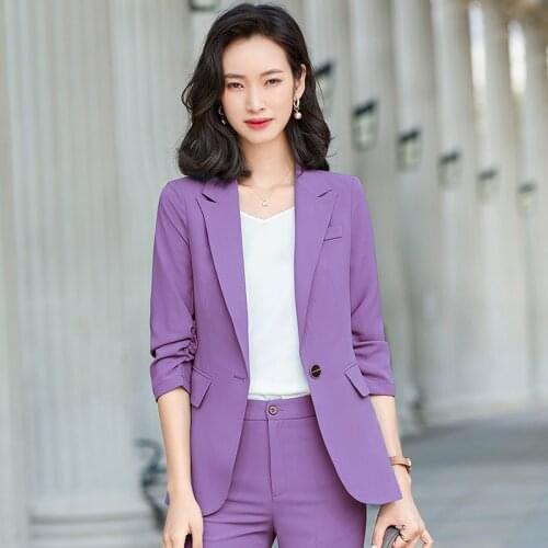 IZICFLY High End New Summer Style Purple Slim Elegant Business 2 Piece Set Women Work Wear Blazer And Office Pantsuit