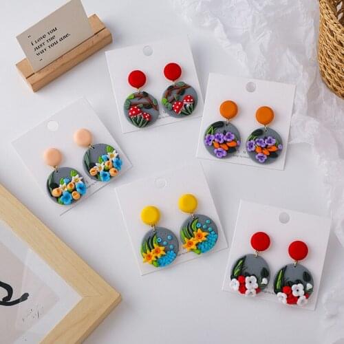 Origin Summer Sweet Vintage Colored Flowers Polymer Clay Dangle Earring for Women Girls Contrasted Handmade Earring Jewelry