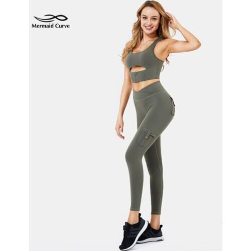 Autumn Hot Style Super Cool Tooling Suit Elastic Buttock Pocket Legging & Front Zipper Hollow Sports Bra Women Yoga 2-Piece Suit