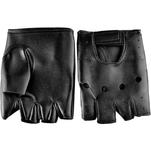 Men Faux Leather Slip-Resistant Half Finger Fingerless Gloves Hand Wrist Mittens Hollow Out Black Driving Motorcycle Unlined