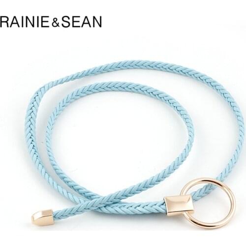 RAINIE SEAN Thin Belt Women Weave Pu Leather Fashion Ladies Strap for Dresses Solid Light Ble Pink Red Camel Self Tie Women Belt