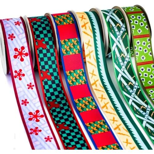 Sakura Flowers Japan Cartoon Kimetsu No Yaiba Pattern Printed Grosgrain/satin Ribbon 50 Yards