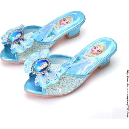 Disney Girls Summer Sandals Slipper Sequined Princesse Children High Heel Party Dress Elsa Shoes Leather Slipper For Kids Slides