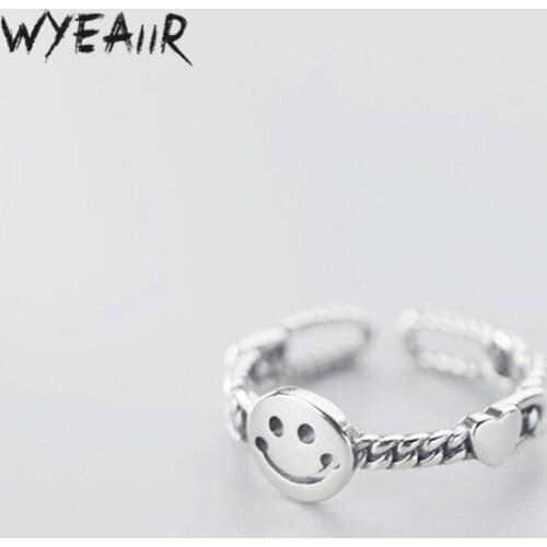 WYEAIIR 925 Sterling Silver Smile Happy Retro Smiley Cutout Cute Female Resizable Opening Rings