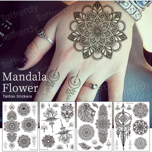 Mandala temporary tattoo sticker jewelry black tattoo henna lace lotus flowers mehndi stickers for hand temporary finger tattoos