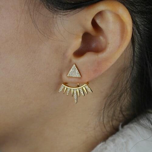 New gold color Women Girls punk fashion Jewelry Rivet spike design front back double side micro pave Clear cz Jackets earrings