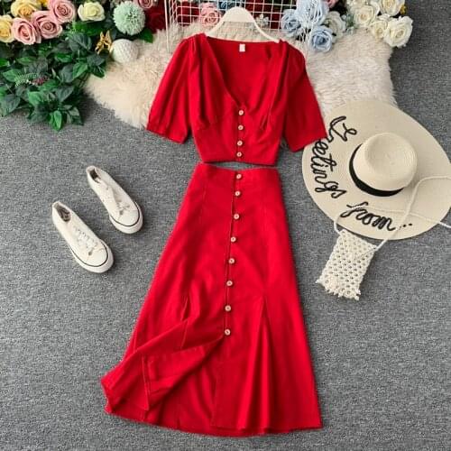 Short Sleeve V-neck Crop Top + Single Breasted Long Skirt Women Two Piece Outfits Summer New 2020 Fashion Ladies Solid Suit Sets