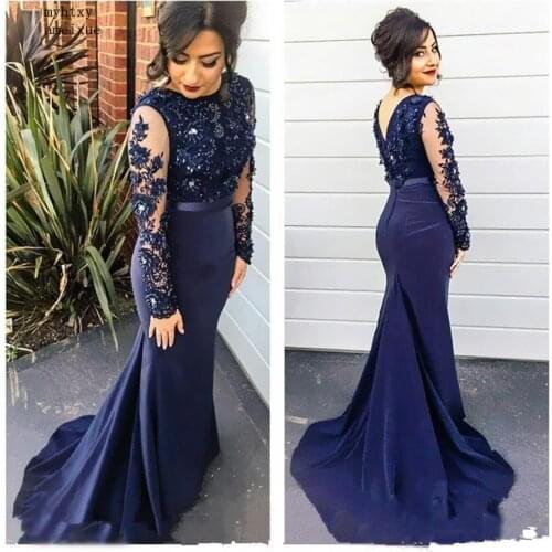 Blue 2020 Mermaid Long Sleeves Lace Beaded Islamic Dubai Saudi Arabic Long Evening Gown