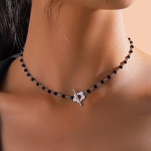 2021 New Fashion Luxury Black Crystal Glass Bead Chain Choker Necklace For Women Flower Lariat Lock Collar Necklace Gifts