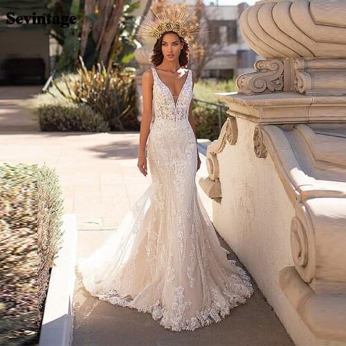 Sevintage Mermaid Wedding Dresses Luxury V-Neck Backless Bridal Gown Lace Appliques Wedding Gowns Plus Size Custom Made