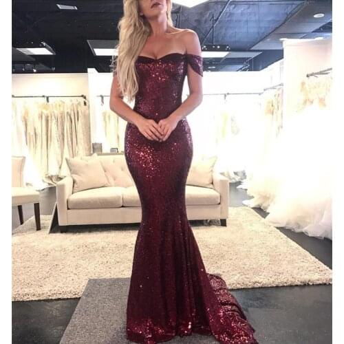 Robe De Soiree 2018 Sequin Evening Dresses Long Mermaid Off the Shoulder Burgundy Saudi Arabic Women Formal Prom Evening Gown