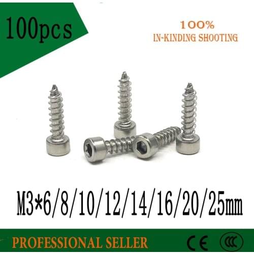 100pcs Model Screw M3*6/8/10/12/14/16/20/25 mm 304 stainless steel Hexagon Socket Cap Head self tapping screw