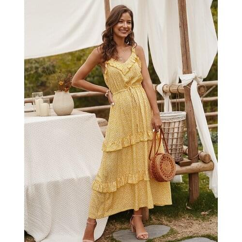 2020 Yellos Little Daisy Floral Print Slip Dress French Elegant Draped Maxi Dress Cascading Ruffle Strappy Dress Tribe Dot Chill