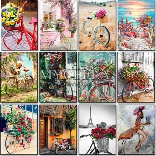 Full Diamond Embroidery DIY Diamond Painting Bicycle Flowers Diamond Cross Stitch Rhinestone Mosaic Floral Rhinestone Home Decor