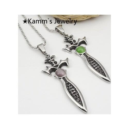 AMUMIU Purple Green Sword Resin Stainless Steel Pendant Necklace Men Women Charming High Quality Casting KP1030