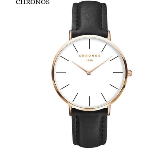 CHRONOS Fashion Men Women Simple Casual Rose Gold Large Watch Black Leather Wristwatches Unisex Popular Couple Watches CH02