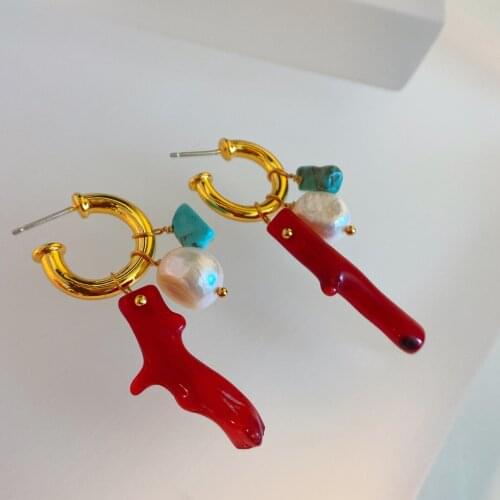Women boutique coral style earrings jewelry with freshwater pearl and turquoise stone earrings drop