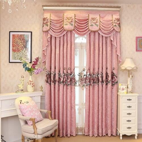 European Curtains for Bedroom Rural Style Shading Cloth Embroidered Pink Curtains for Living Dining Room