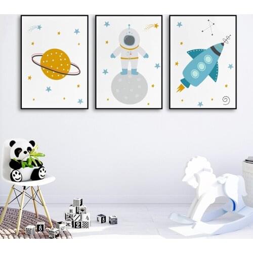 Cartoon Sun Moon Star Astronaut Rocket Wall Art Canvas Painting Nordic Poster And Prints Wall Picture For Kids Room Boy Decor