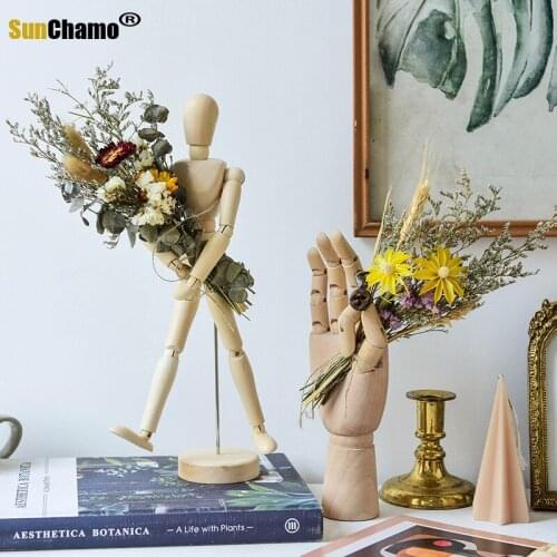 Ins Net Celebrity Creative Puppet Man Holding Flower Ornaments Home Decoration Movable Joint Wooden Living Room Art Model