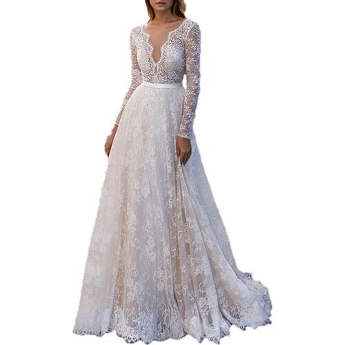 Champagne Lace Long Sleeve Wedding Dresses for Bride 2021 V Neck A Line Bridal Dress vestido de noiva